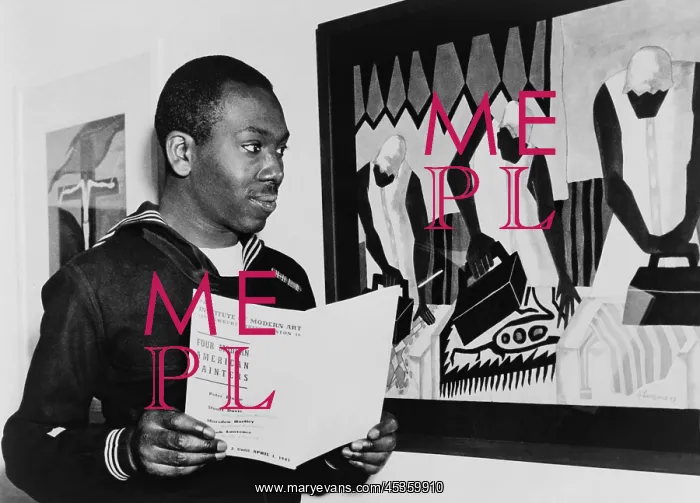 : Coast Guardsman Jacob Lawrence, with his paintings : Coast Guardsman Jacob Lawrence, with his paintings