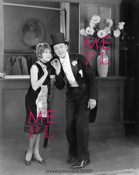 : Coat clerk whispering to a man in a top hat : Coat clerk whispering to a man in a top hat