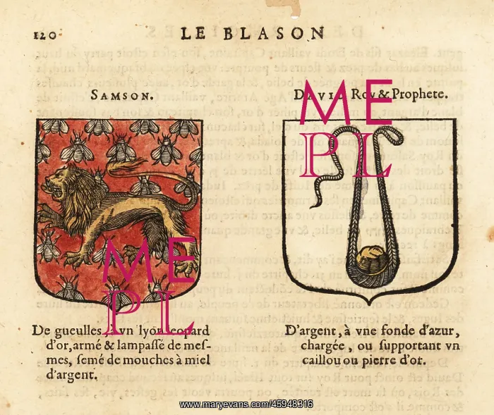 : Coats of arms of Biblical figures Samson, and : Coats of arms of Biblical figures Samson, and