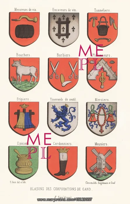 : Coats of arms or escutcheons of the guilds of Ghent : Coats of arms or escutcheons of the guilds of Ghent