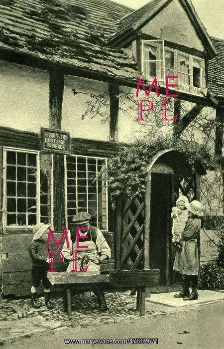 : Cobbler at work outside his cottage, Wigmore, Herefordshire : Cobbler at work outside his cottage, Wigmore, Herefordshire