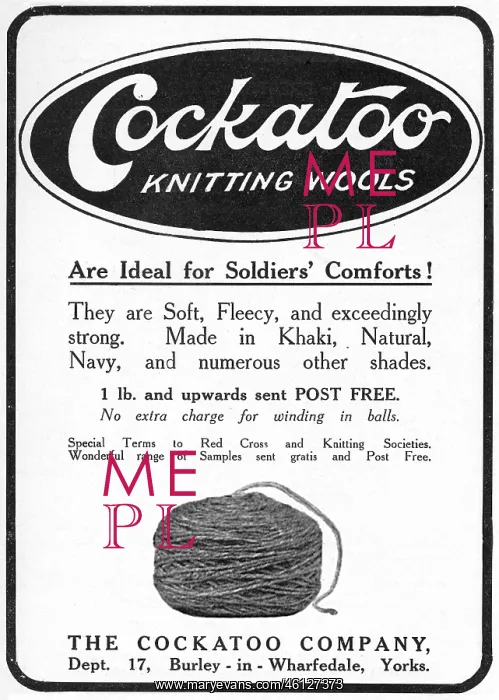 : Cockatoo knitting wools advertisement, 1917 : Cockatoo knitting wools advertisement, 1917