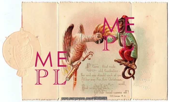 : Cockatoo and monkey on a Christmas card : Cockatoo and monkey on a Christmas card