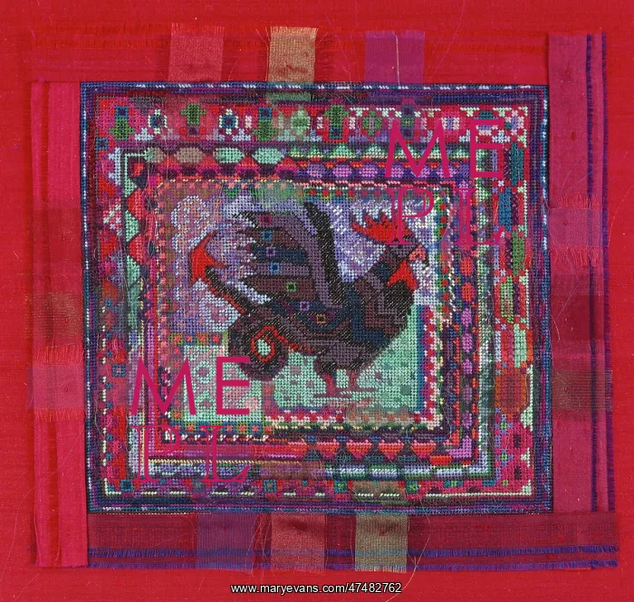  : Cockatrice– on crimson (embroidery)