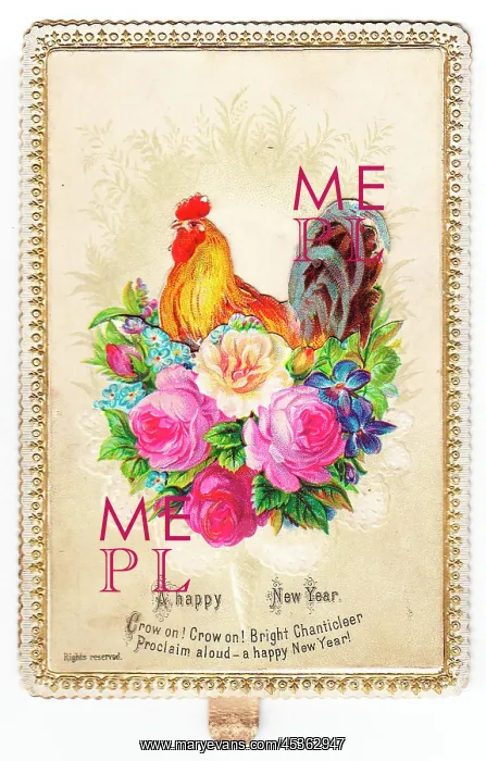 : Cockerel with assorted flowers on a New Year card : Cockerel with assorted flowers on a New Year card