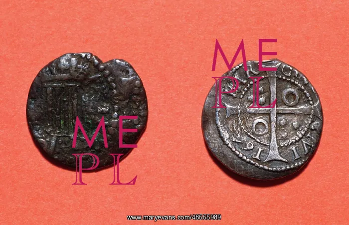 : Coins. Seisavo, left and Ardite, right. 16th-17th centuries : Coins. Seisavo, left and Ardite, right. 16th-17th centuries