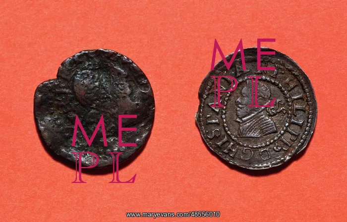 : Coins. Seisavo, left and Ardite, right. 16th-17th centuries : Coins. Seisavo, left and Ardite, right. 16th-17th centuries