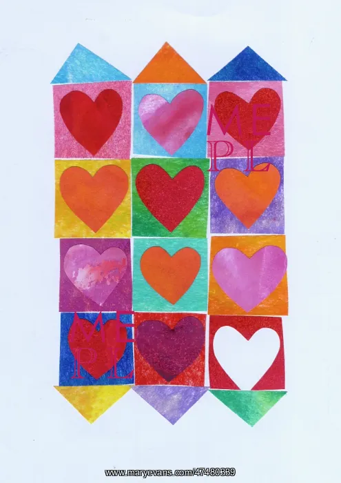  : Collage of hearts on different coloured squares