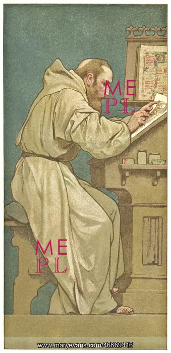 : Collector's card, monk working on a manuscript : Collector's card, monk working on a manuscript