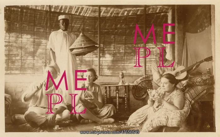 : Colonial tea party with guitarist and servant : Colonial tea party with guitarist and servant