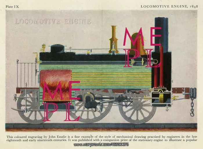 : Coloured engaving of a locomotive engine by John Emslie : Coloured engaving of a locomotive engine by John Emslie
