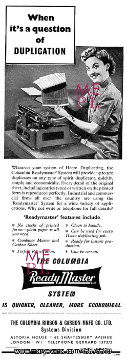 : Columbia Ribbon Readymaster Hecto Duplicating Machine : Columbia Ribbon Readymaster Hecto Duplicating Machine