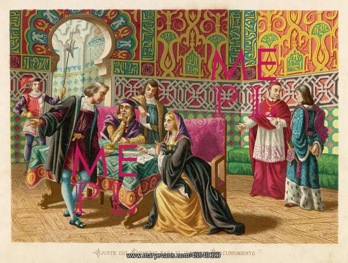 : Columbus agrees terms with Ferdinand and Isabella : Columbus agrees terms with Ferdinand and Isabella