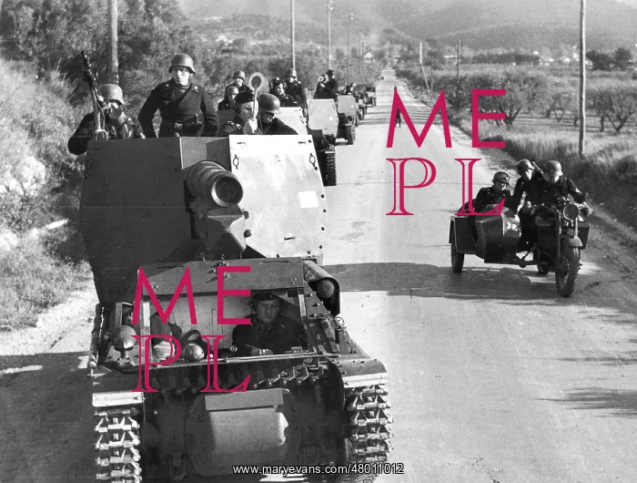 : Column of artillery self-propelled guns in Yugoslavia : Column of artillery self-propelled guns in Yugoslavia
