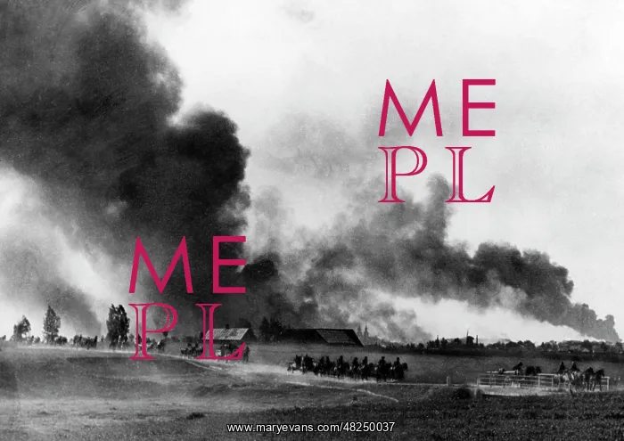 : Column of the Wehrmacht passing by a burning village on the : Column of the Wehrmacht passing by a burning village on the