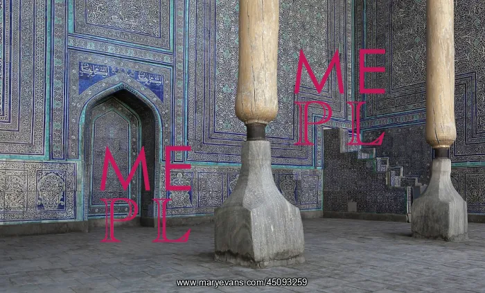 : Khiva. Detail of columns and majolica tiling, winter mosque : Khiva. Detail of columns and majolica tiling, winter mosque