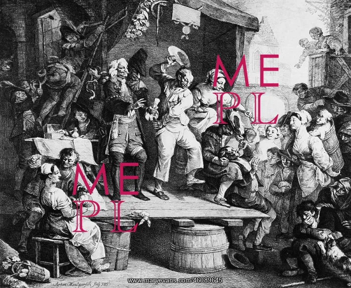 : Comedy stage with tomfool, charlatan and quacksalver : Comedy stage with tomfool, charlatan and quacksalver