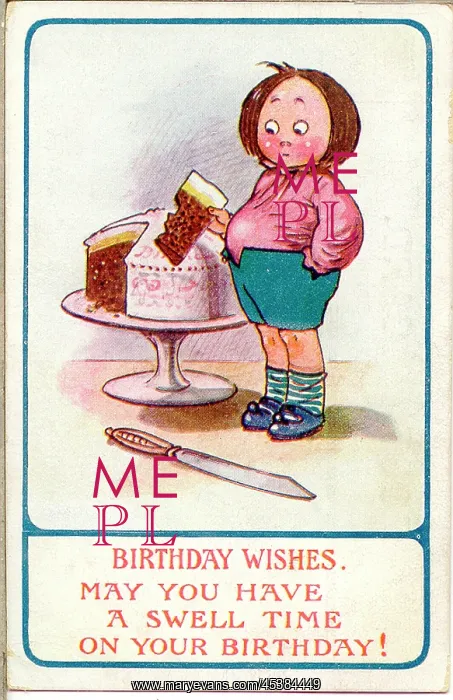 : Comic birthday postcard, Boy with large cake : Comic birthday postcard, Boy with large cake