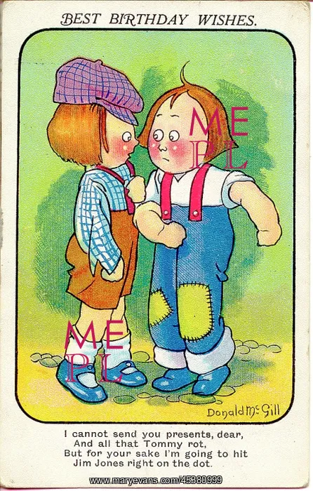 : Comic birthday postcard, Two boys about to fight : Comic birthday postcard, Two boys about to fight