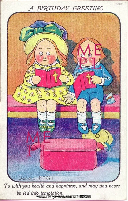 : Comic birthday postcard, Two children in church : Comic birthday postcard, Two children in church