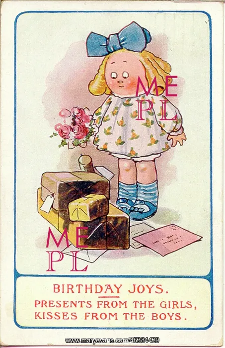 : Comic birthday postcard, Girl with presents : Comic birthday postcard, Girl with presents