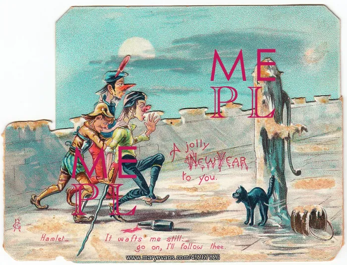 : Comic Hamlet scene on a New Year card : Comic Hamlet scene on a New Year card