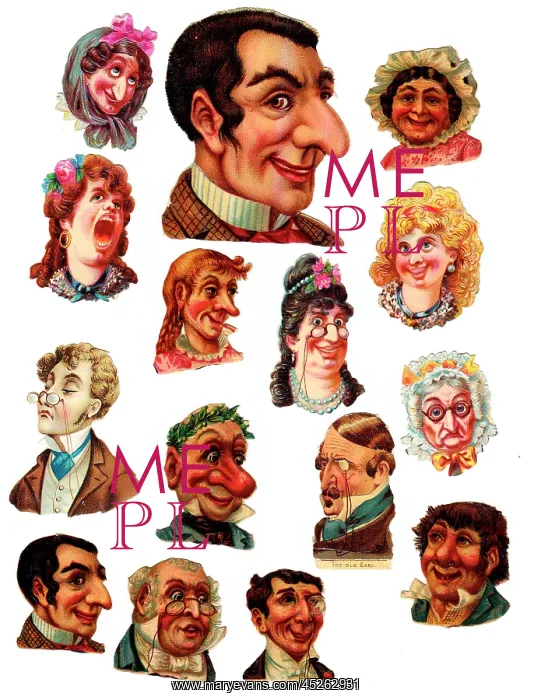 : Comic heads on fifteen Victorian scraps : Comic heads on fifteen Victorian scraps