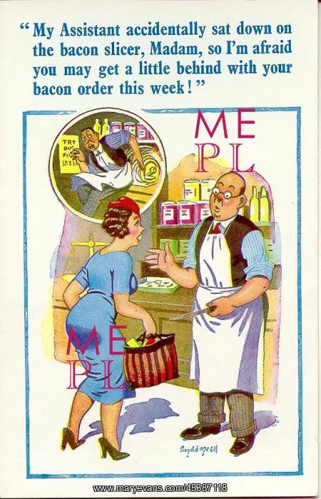 : Comic postcard, accident with bacon slicer : Comic postcard, accident with bacon slicer