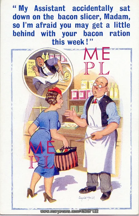 : Comic postcard, accident with bacon slicer : Comic postcard, accident with bacon slicer