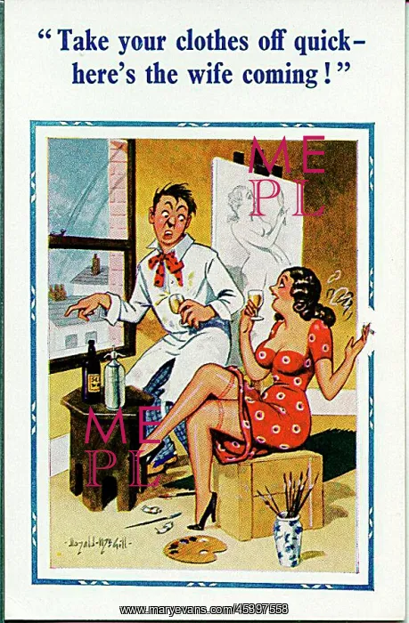 : Comic postcard, Artist with pretty young visitor : Comic postcard, Artist with pretty young visitor