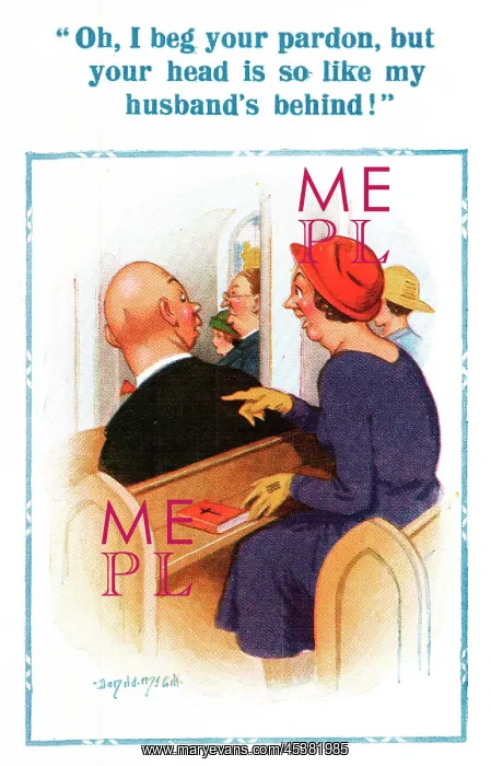 : Comic postcard, bald-headed man in church : Comic postcard, bald-headed man in church