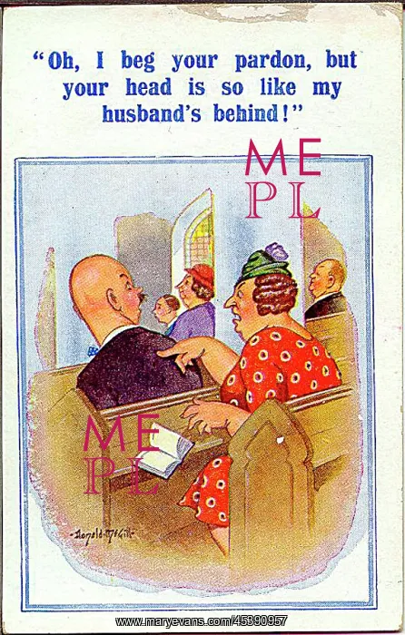 : Comic postcard, bald-headed man in church : Comic postcard, bald-headed man in church