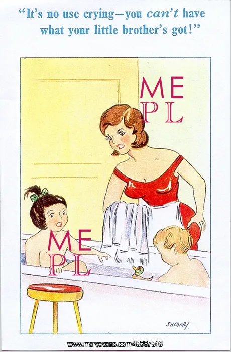 : Comic postcard, Bathtime for son and daughter : Comic postcard, Bathtime for son and daughter