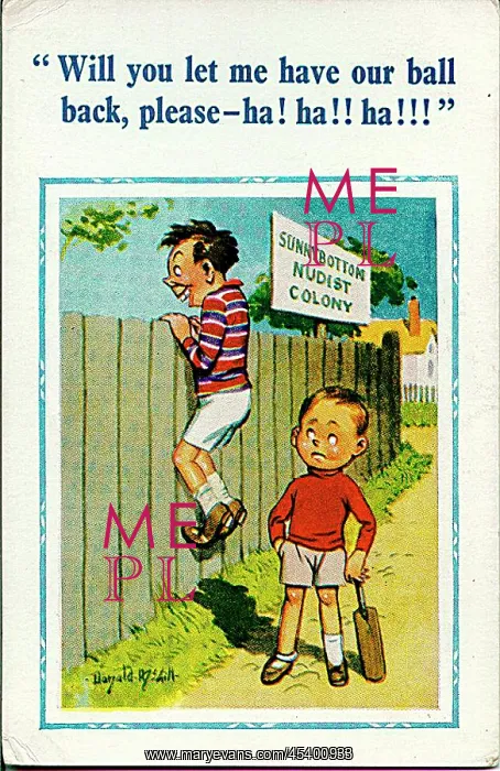 : Comic postcard, Boy asks nudists to return lost ball : Comic postcard, Boy asks nudists to return lost ball