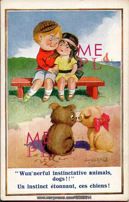  : Comic postcard, Boy and girl sitting on a bench