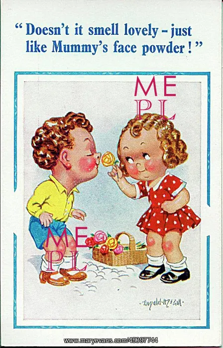 : Comic postcard, Boy and girl smelling roses : Comic postcard, Boy and girl smelling roses