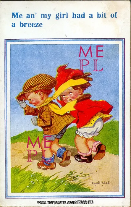  : Comic postcard, Boy and girl walking on a windy day