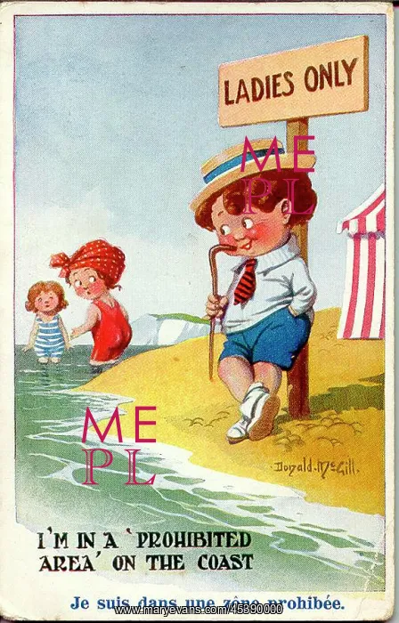: Comic postcard, Boy and two girls the beach, WW1 : Comic postcard, Boy and two girls the beach, WW1