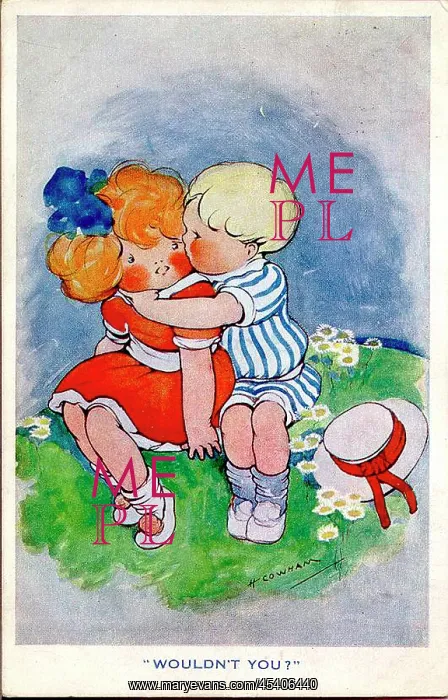 : Comic postcard, boy kissing girl : Comic postcard, boy kissing girl
