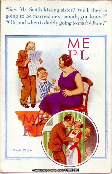 : Comic postcard, Boy sees father kissing the servant : Comic postcard, Boy sees father kissing the servant