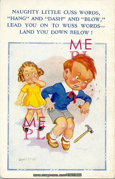 : Comic postcard, Boy swearing in front of girl : Comic postcard, Boy swearing in front of girl