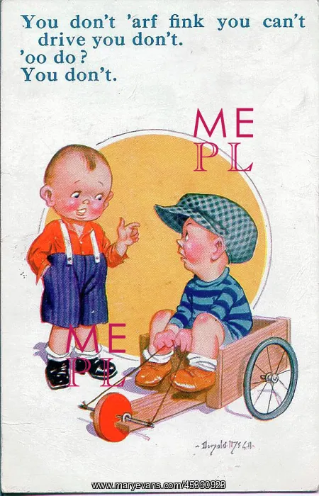 : Comic postcard, Two boys with go-kart : Comic postcard, Two boys with go-kart