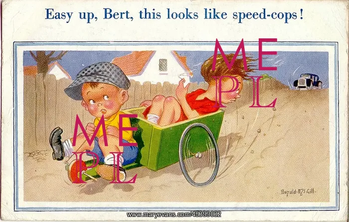 : Comic postcard, Two boys speeding in a go-kart : Comic postcard, Two boys speeding in a go-kart