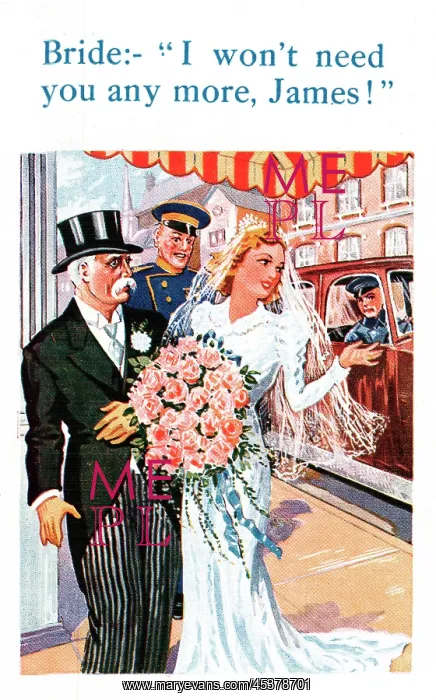 : Comic postcard, Bride dismissing chauffeur : Comic postcard, Bride dismissing chauffeur