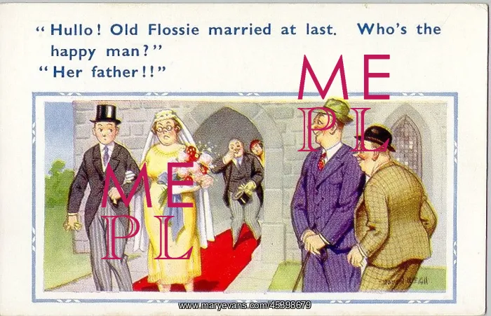 : Comic postcard, Bride and groom leaving church : Comic postcard, Bride and groom leaving church