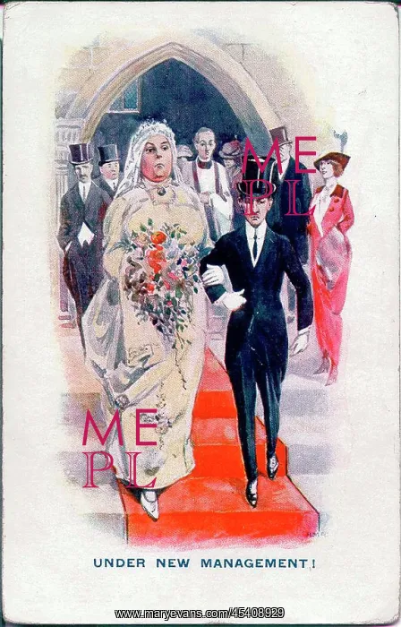 : Comic postcard, Bride and groom leaving church : Comic postcard, Bride and groom leaving church