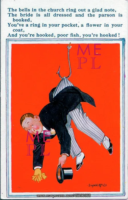 : Comic postcard, Bridegroom hanging on a hook : Comic postcard, Bridegroom hanging on a hook