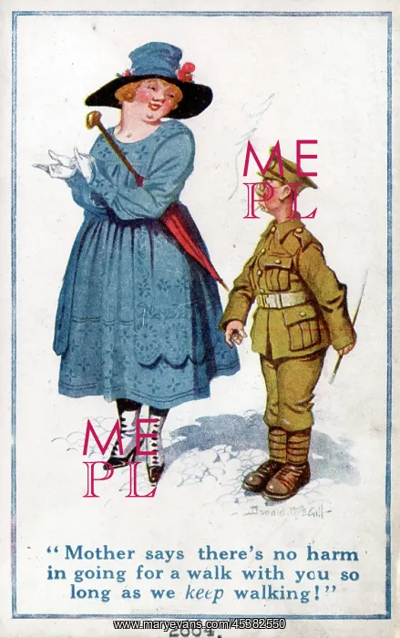 : Comic postcard, British soldier and girlfriend, WW1 : Comic postcard, British soldier and girlfriend, WW1