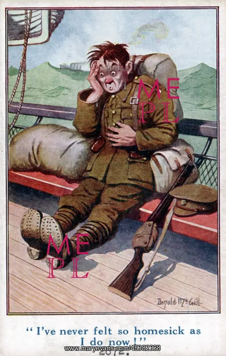 : Comic postcard, British soldier homesick, WW1 : Comic postcard, British soldier homesick, WW1