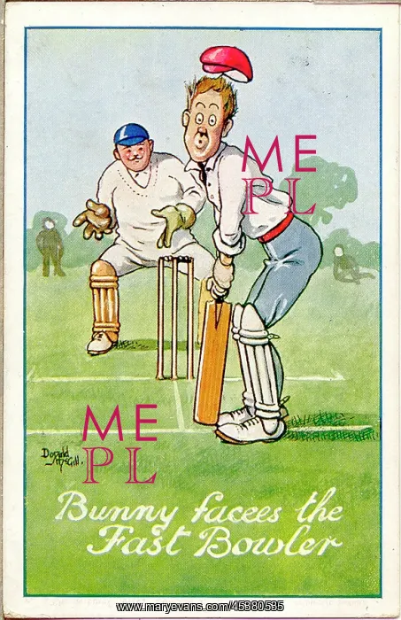 : Comic postcard, Bunny faces the fast bowler : Comic postcard, Bunny faces the fast bowler
